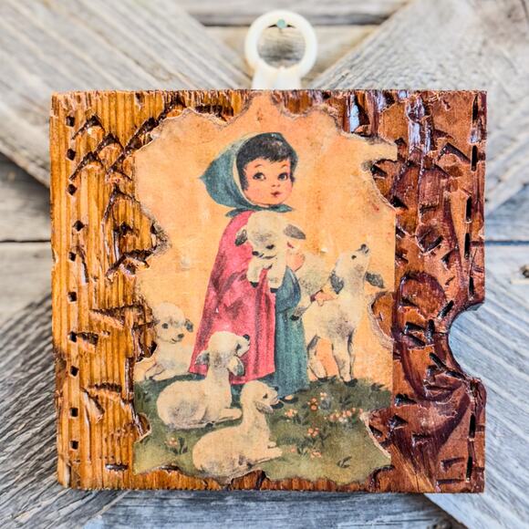 1970’s Vintage Farm Girl w/ Baby Lamb Decoupage on Wood-Wall Art-Folk Art-5.25”H - Picture 1 of 5